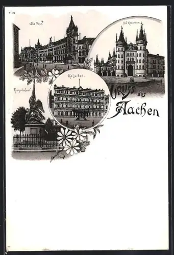 Lithographie Aachen, Post, Kaiserdenkmal, Kaiserhof, Kasernen