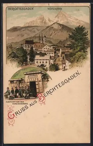 Lithographie Berchtesgaden, Blick zum Watzmann, Ausfahrt aus dem Ferdinandberg