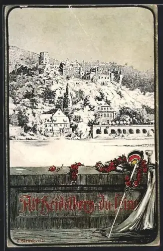 Künstler-AK Heidelberg, Blick zum Ort