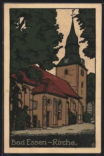 Steindruck-AK Bad Essen, Blick zur Kirche