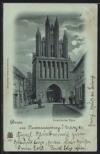 Mondschein-AK Neubrandenburg, Friedländer Tor im Vollmondlicht