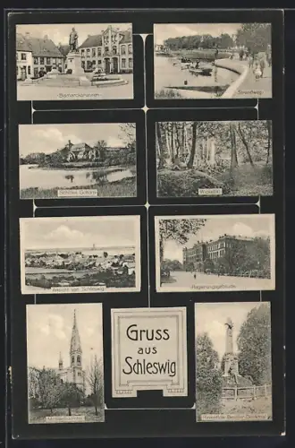 AK Schleswig, Bismarckbrunnen, Schloss Gottorp, Regierungsgebäude, Strandweg