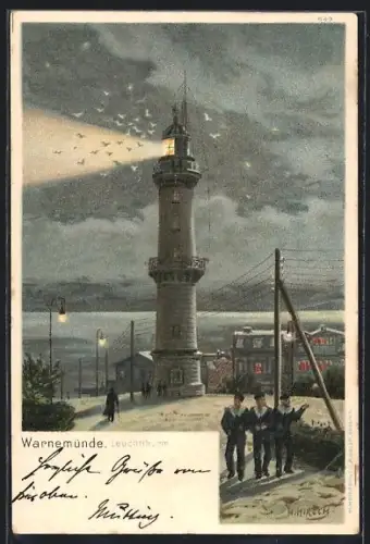 Lithographie Warnemünde, Leuchtturm am Abend