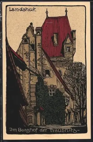 Steindruck-AK Landshut, Burghof der Trausnitz