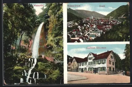 AK Urach, Gasthaus Schwanen, Wasserfall und Ortsansicht