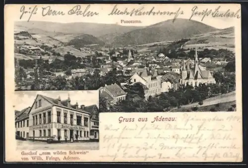AK Adenau, Gasthof zum wilden Schwein, Panorama mit Kirche