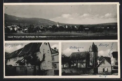 AK Butzbach, Hoch-Weisel, Teilansicht, Wohnhaus mit Emailleschildern in der Langgasse 12, Rathaus und Kirche