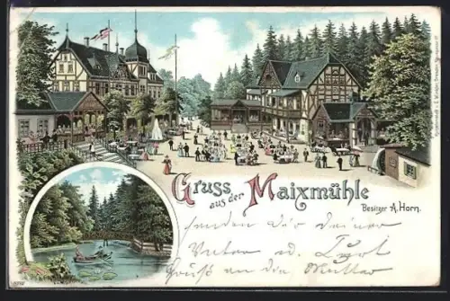 Lithographie Dresden-Pillnitz, Blick auf das Gasthaus Meixmühle