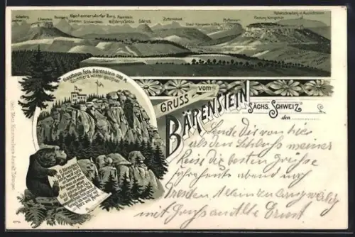Lithographie Bärenstein, Gasthaus Fels Bärenstein, Panorama mit Pfaffenstein