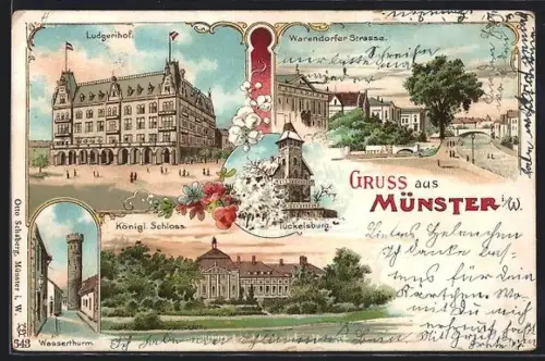 Lithographie Münster, Ludgerihof, Warendorfer Strasse, Königl. Schloss, Wasserthurm, Tuckelsburg