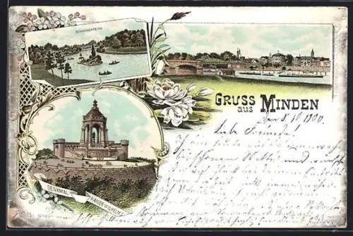 Lithographie Minden, Denkmal Kaiser Wilhelm I., Schwanenteich, Blick zum Ort