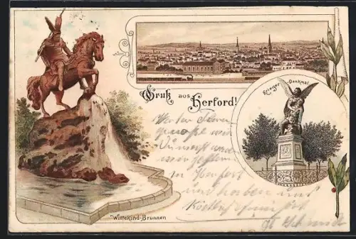Lithographie Herford, Teilansicht, Krieger-Denkmal, Wittekind-Brunnen
