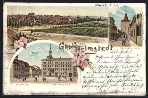Lithographie Helmstedt, Hausmannsturm, Markt mit Stadthaus & Hotel Erbprinz