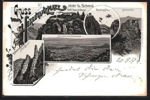 Lithographie Thale, Hotel auf dem Hexentanzplatz, Panorama vom Hexentanzplatz aus, Rosstrappfelsen