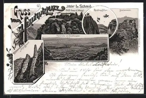 Lithographie Thale, Hotel auf dem Hexentanzplatz, Panorama vom Hexentanzplatz aus, Rosstrappfelsen
