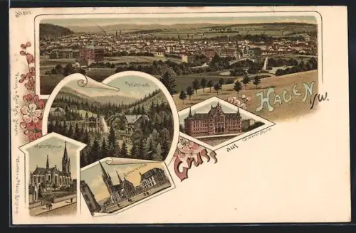 Lithographie Hagen i / W., Waldlust, Lutherkirche, Gewerbeschule