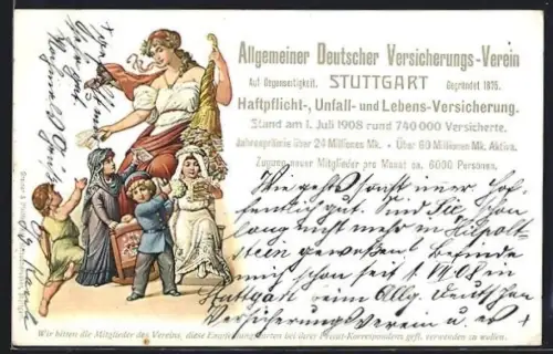 Künstler-AK Stuttgart, Allgemeiner Deutscher Versicherungs-Verein, Frau mit Geld im Horn, Bank