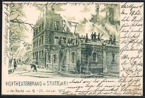 Lithographie Stuttgart, Hoftheaterbrand 1902 mit löschenden Feuerwehrleuten