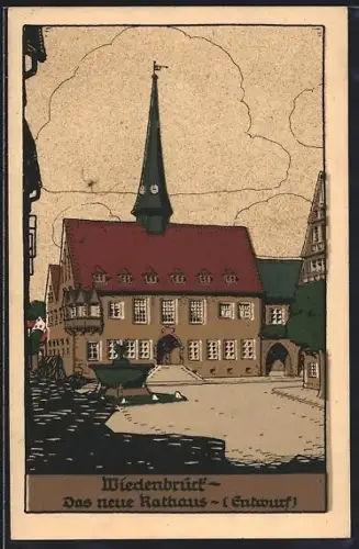 Steindruck-AK Wiedenbrück, Neues Rathaus