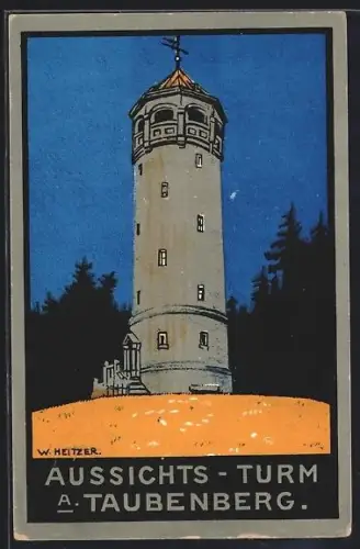 Künstler-Lithographie Taubenberg, Aussichtsturm am Taubenberg