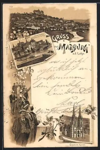 Lithographie Marburg a. d. Lahn, Elisabeth Kirche, Studenten