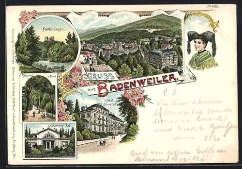 Lithographie Badenweiler, Hotel Sommer, Parkanlagen, Eingang zum Park