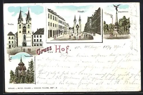 Lithographie Hof, Kirche, Altstadt, Siegesdenkmal, Thomashöhe