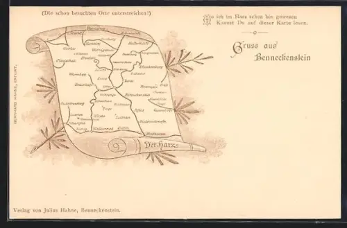 Lithographie Benneckenstein, Karte des Harzes mit Blankenburg, Braunlage und Ellrich