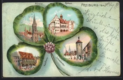 Passepartout-Lithographie Freiburg i. Br., Münster, Rathaus, Kaufhaus, Schwabentor