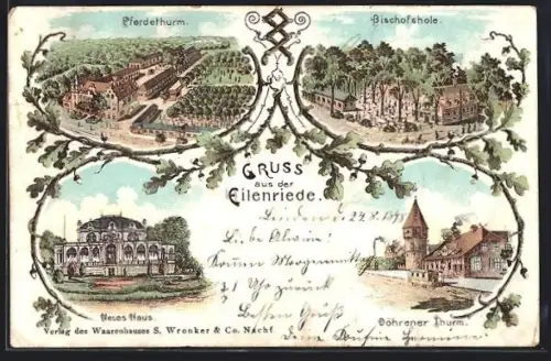 Lithographie Hannover, Eilenriede, Pferdethurm, Bischofshole, Neues Haus, Döhrener Thurm