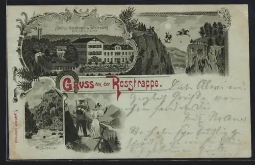 Mondschein-Lithographie Thale, Gasthaus Rosstrappe, Hexentanzplatz