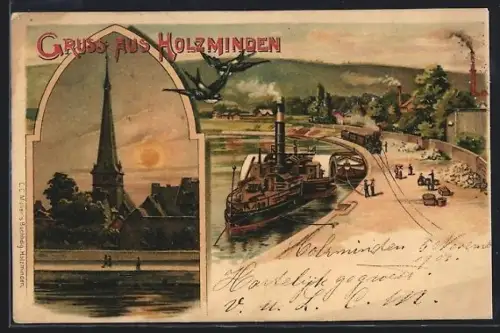 Lithographie Holzminden, Kirche, Dampfschiff, Hafen