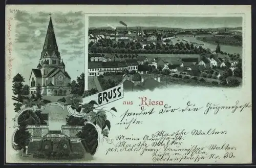 Mondschein-Lithographie Riesa, Kirche im Vollmondlicht, Ortsansicht aus der Vogelschau