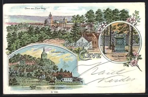 Lithographie Cleve, Schwanenburg, Moritz-Denkmal, Clever Berg