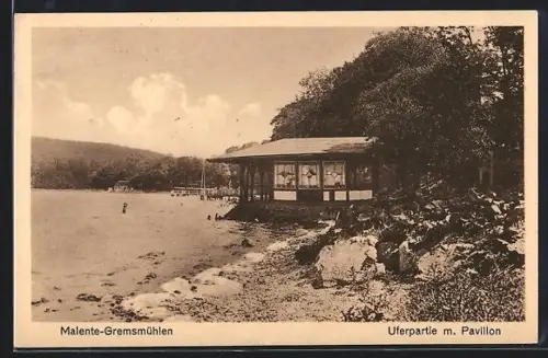 AK Malente-Gremsmühlen, Uferpartie mit Pavillon