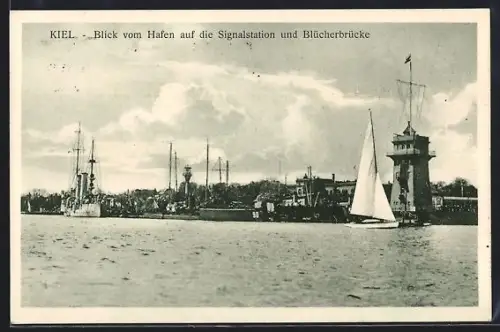 AK Kiel, Blick vom Hafen auf die Signalstation und Blücherbrücke