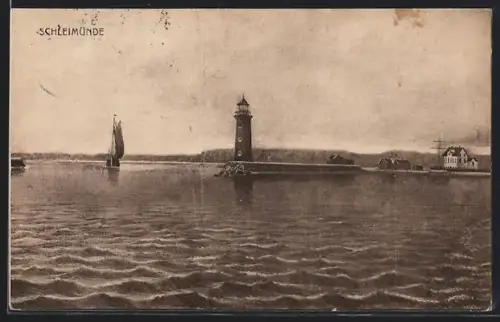 Künstler-AK Schleimünde, Panorama mit Leuchtturm