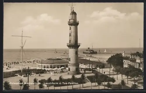 AK Warnemünde, Leuchtturm u. Teepavillon