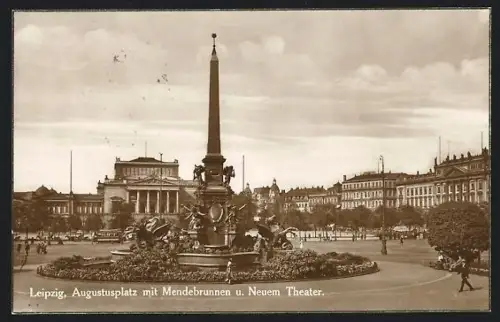 AK Leipzig, Augustplatz mit Mendebrunnen und Neuem Theater