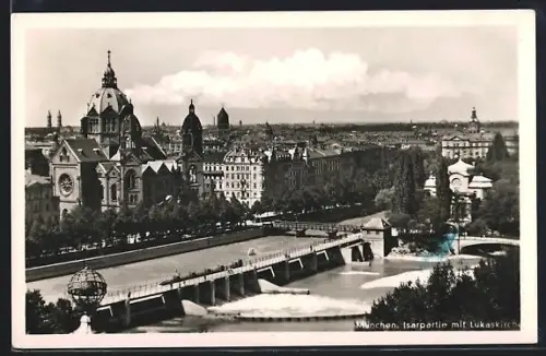 AK München, Partie an der Isar mit Lukaskirche