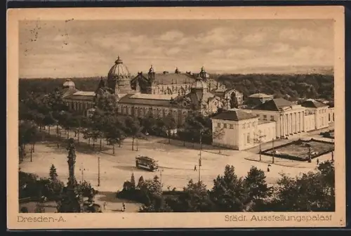 AK Dresden, städtisches Ausstellungspalast mit Strassenbahn
