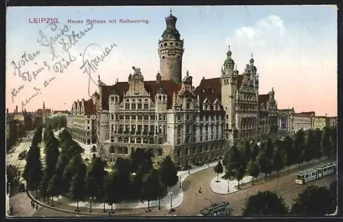 AK Leipzig, Neues Rathaus mit Rathausring, Strassenbahn