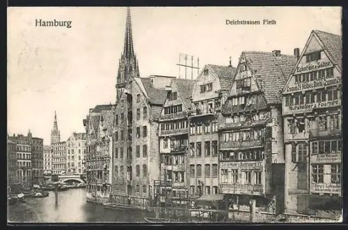AK Alt-Hamburg, Deichstrassen-Fleet mit Geschäften und Kirche