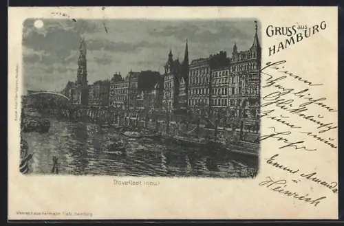 Mondschein-Lithographie Alt-Hamburg, Dovefleet neu