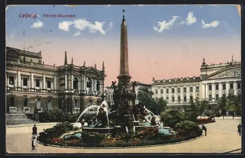 AK Leipzig, Mende-Brunnen mit Strassenpartie