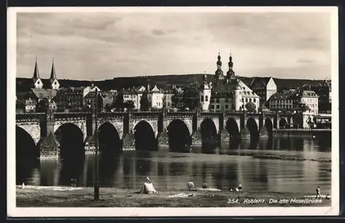 AK Koblenz, Blick auf die alte Moselbrücke mit Kirche