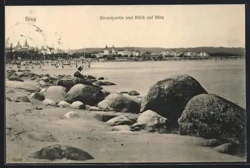 AK Binz, Strandpartie und Blick auf den Ort