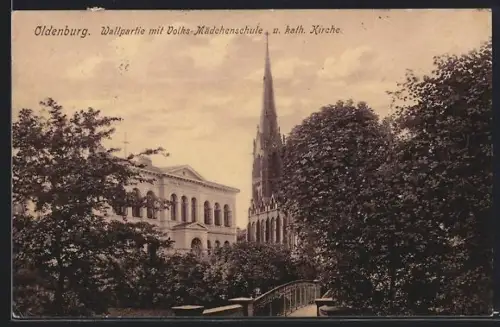 AK Oldenburg, Wallpartie, Volks-Mädchenschule, katholische Kirche