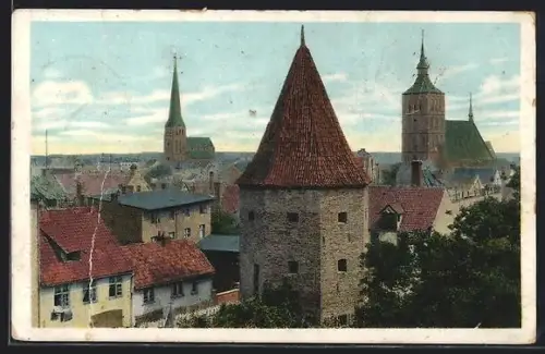 AK Rostock, Blick auf alten Stadtmauerturm, Petrikirche, Nikolaikirche