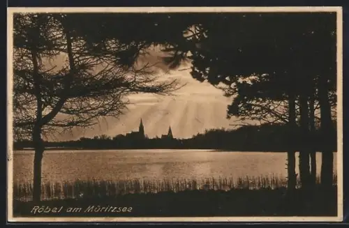 AK Röbel am Müritzsee, Blick über den See auf Stadtsilhouette mit Kirche